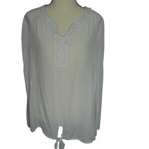 Robert Louis Large White Blouse Tie Hem Long Sleeves Gauzy Sheer Crochet V-Neck